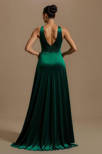A-Line V-Neck Dark Green Holiday Dress With Slit